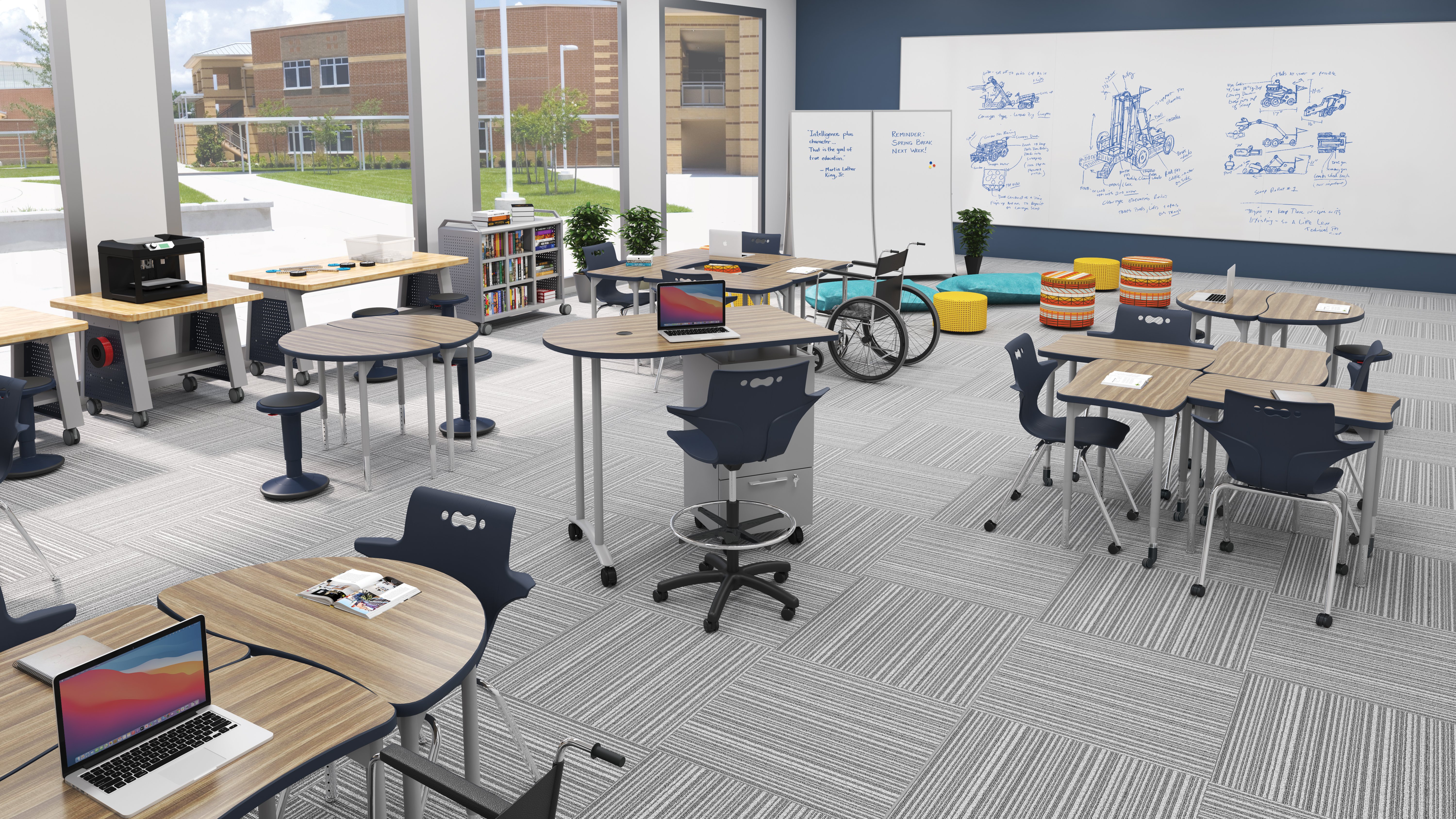 Classroom with lightweight, caster-equipped tables that can be rearranged by students from rows into a collaborative pod configuration