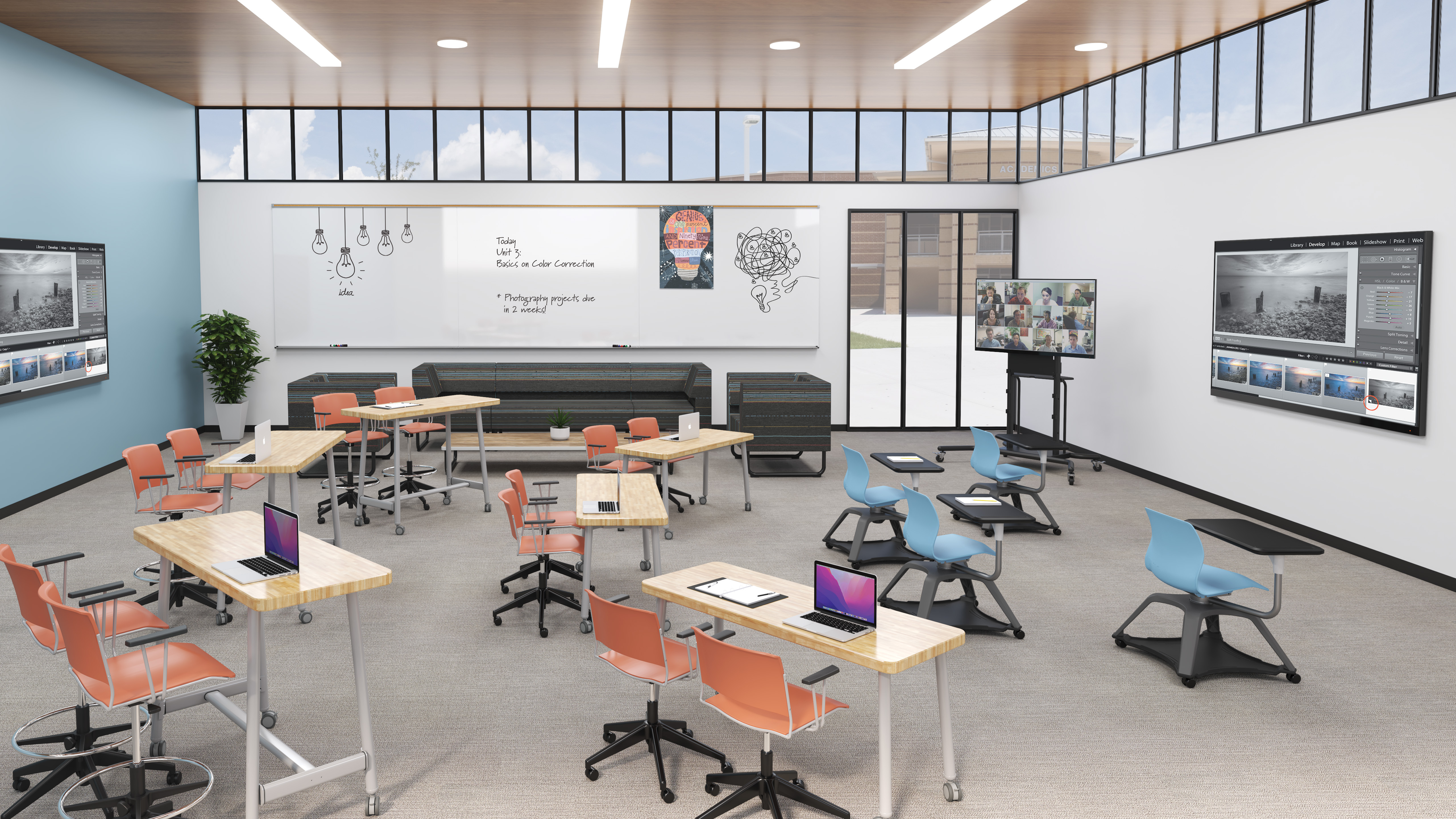 Modern post-pandemic classroom with flexible pod furniture, a wall-mounted interactive display, and a writable glass board surface