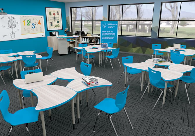 A classroom with blue accents