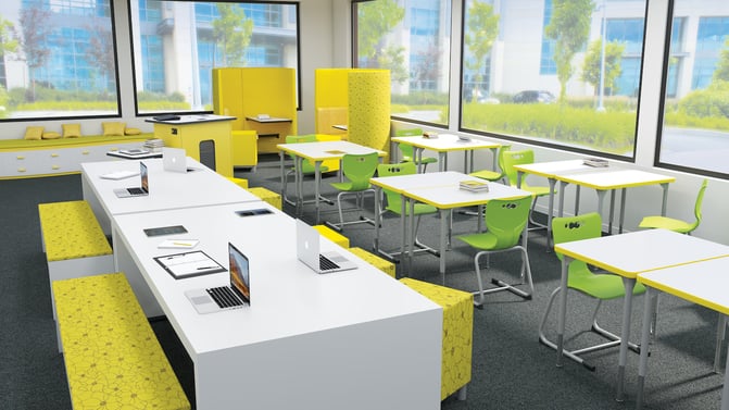 School common area with yellow accents