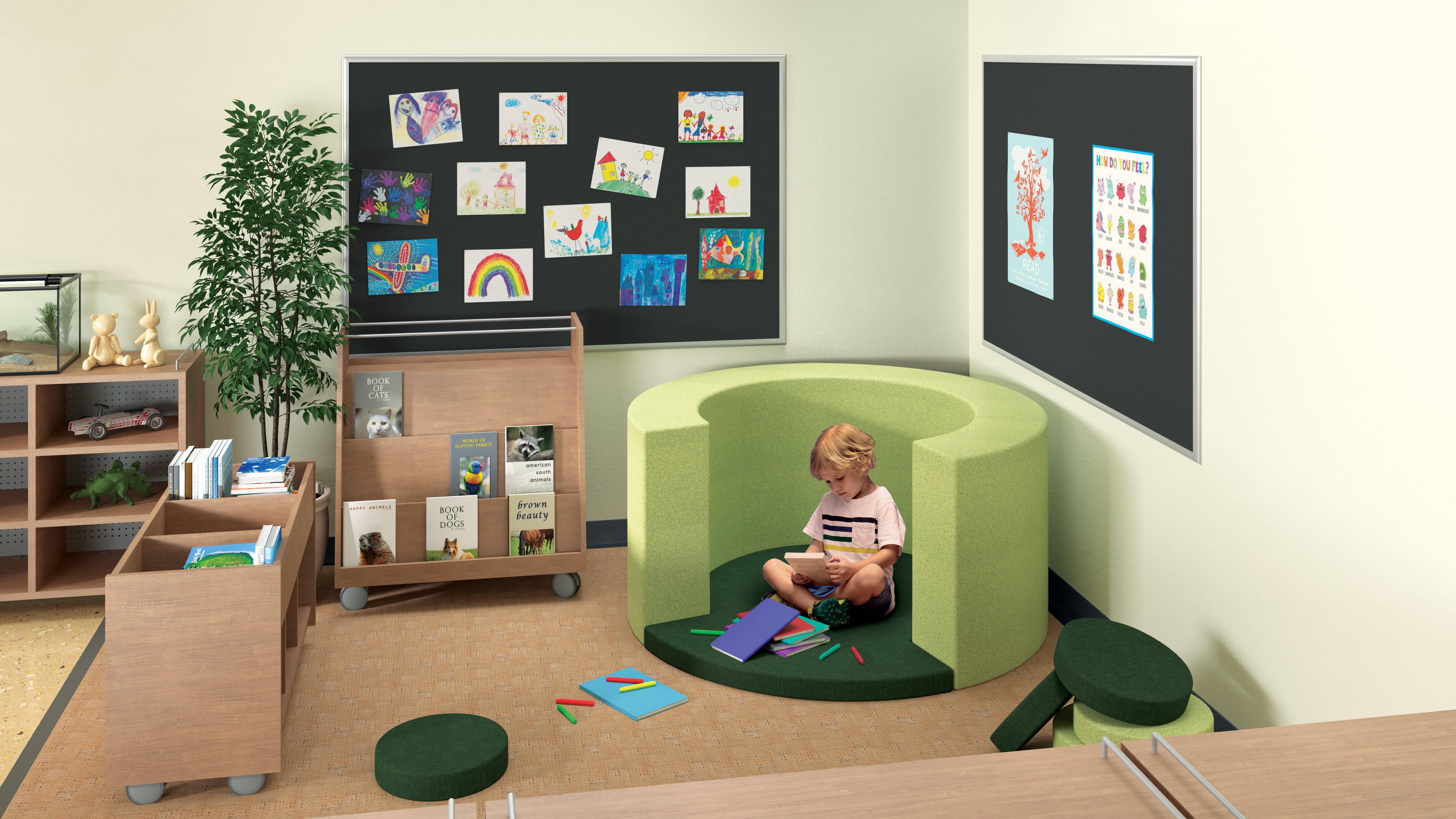 Student working independently in a privacy pod or study nook with access to resources and writable surfaces