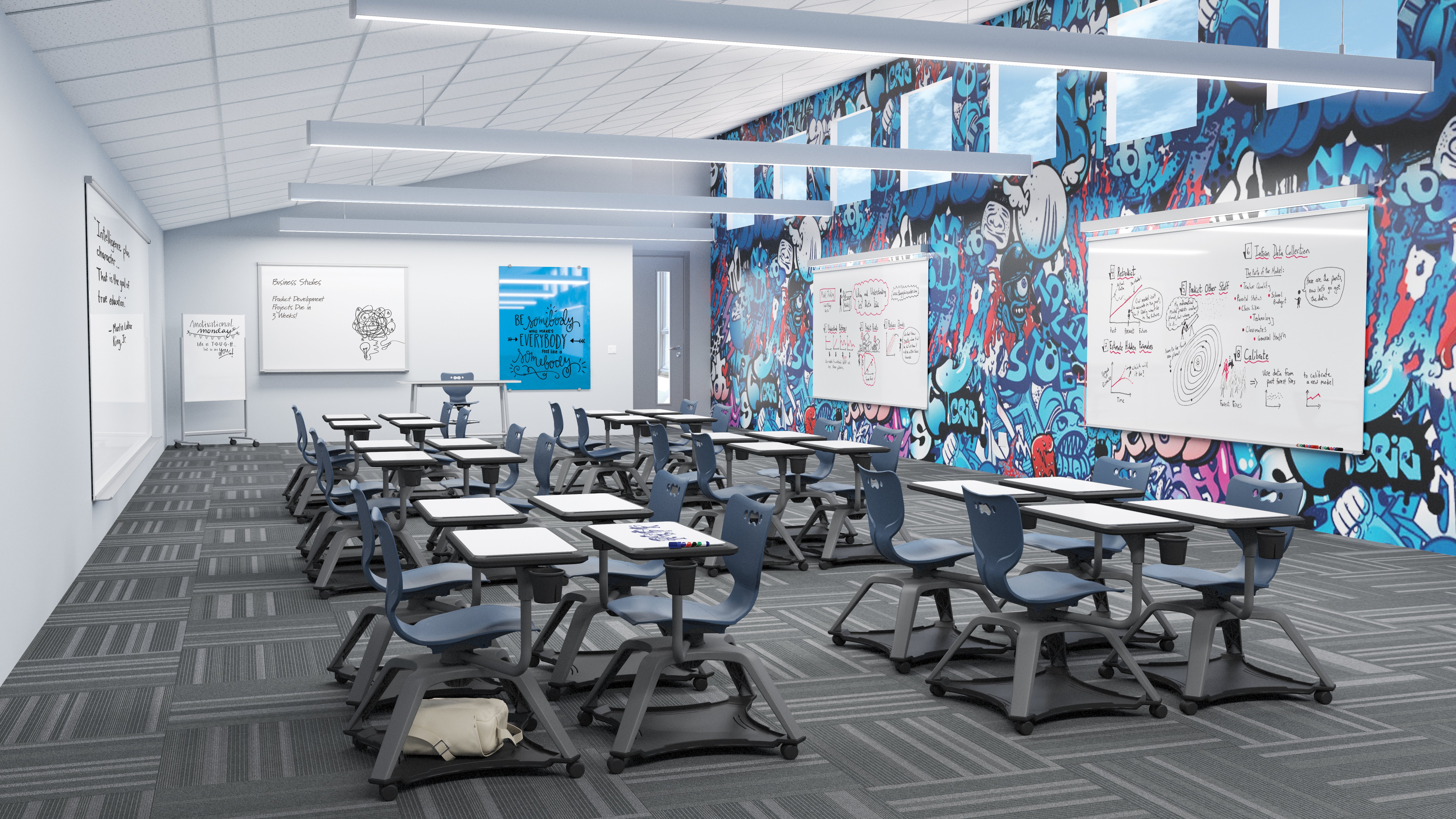 Classroom divided into six cohort zones with pod tables, each with a shared whiteboard surface and personal student storage