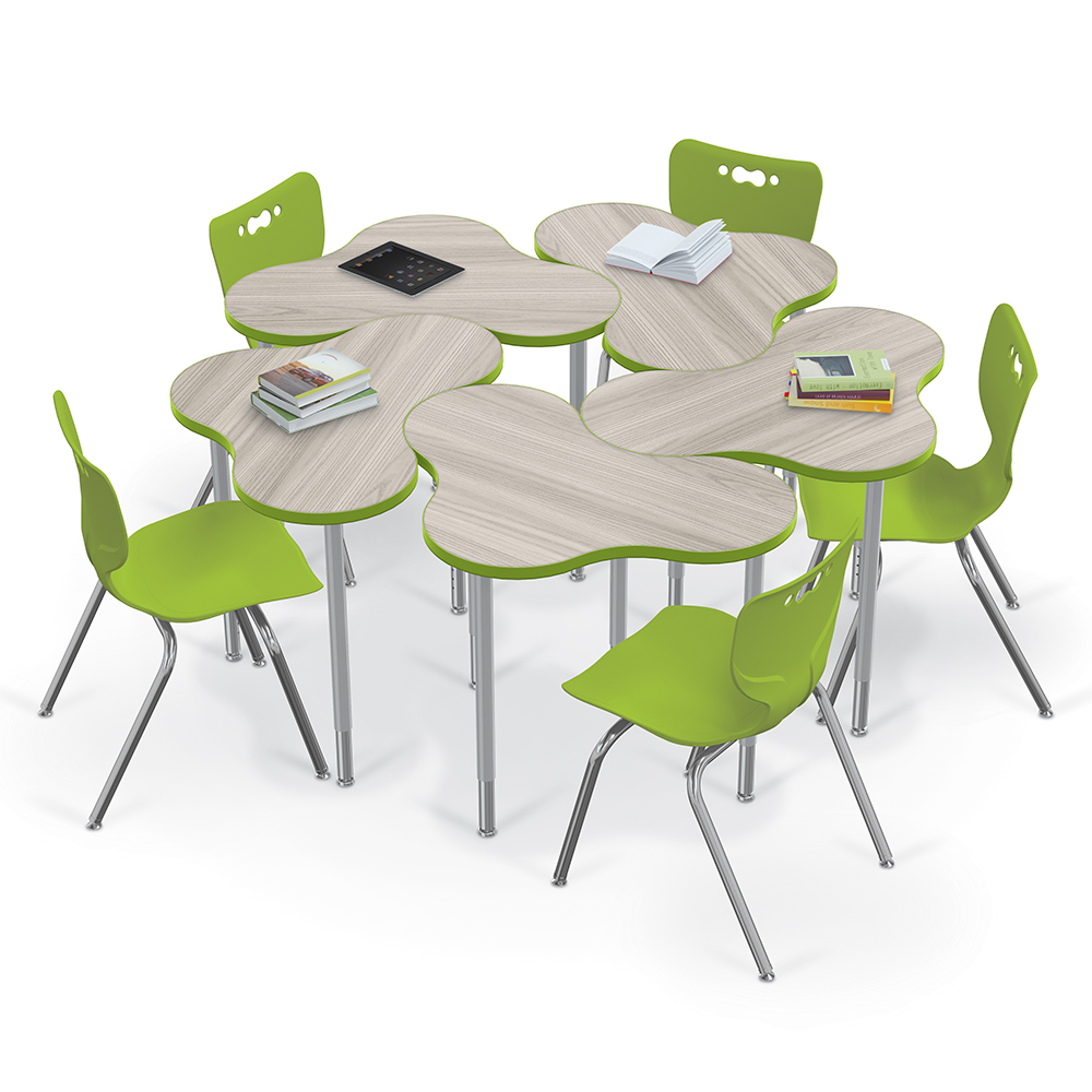 cloud-9-desk-5-pod-gray-elm-plat-legs-green-edgeband-w-hierarchy-chairs-4-leg-green