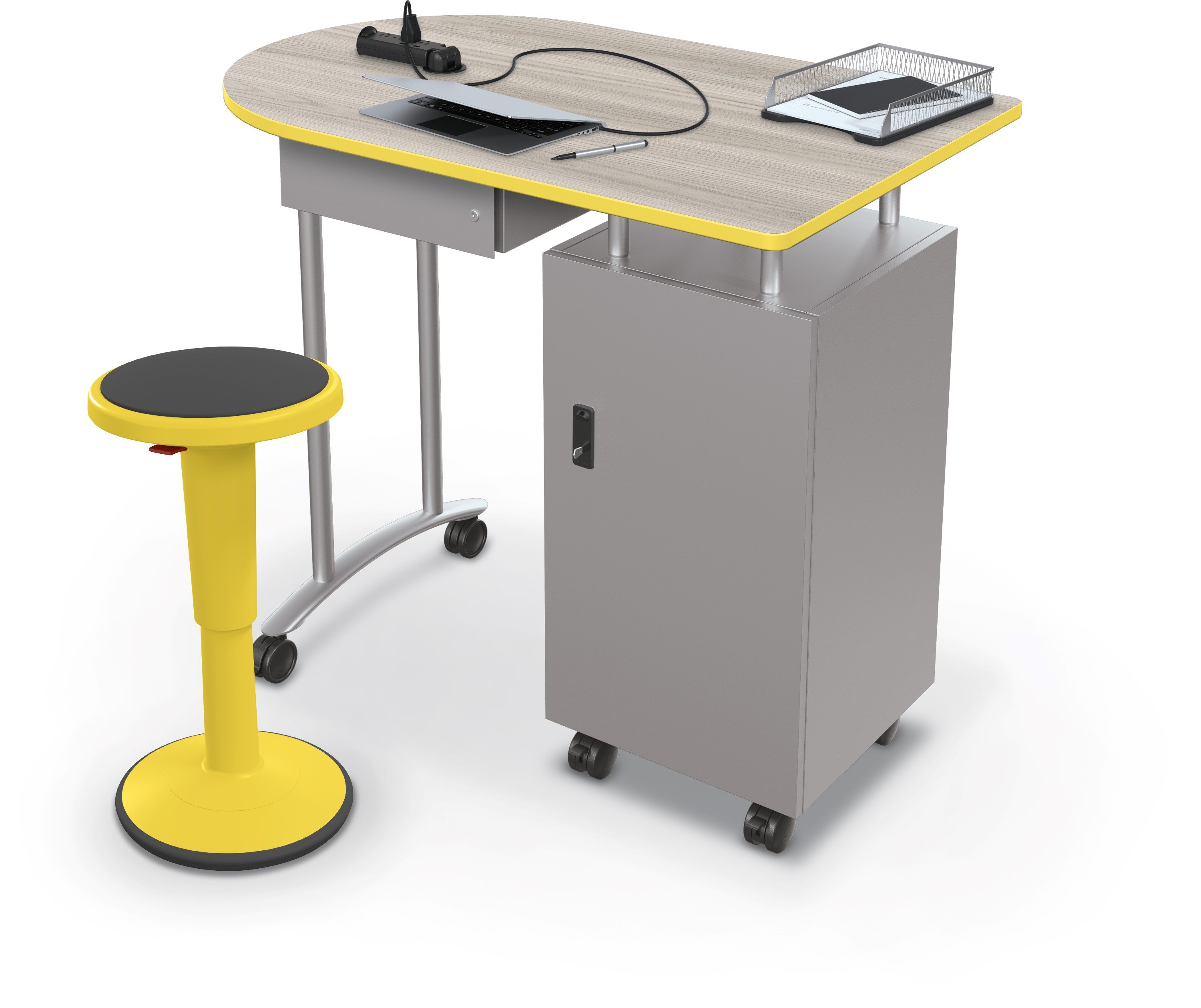 mobile-teacher-desk-3-4-angle-gray-elm-w-yellow-edgeband-w-props-w-hierarchy-grow-stool-yellow