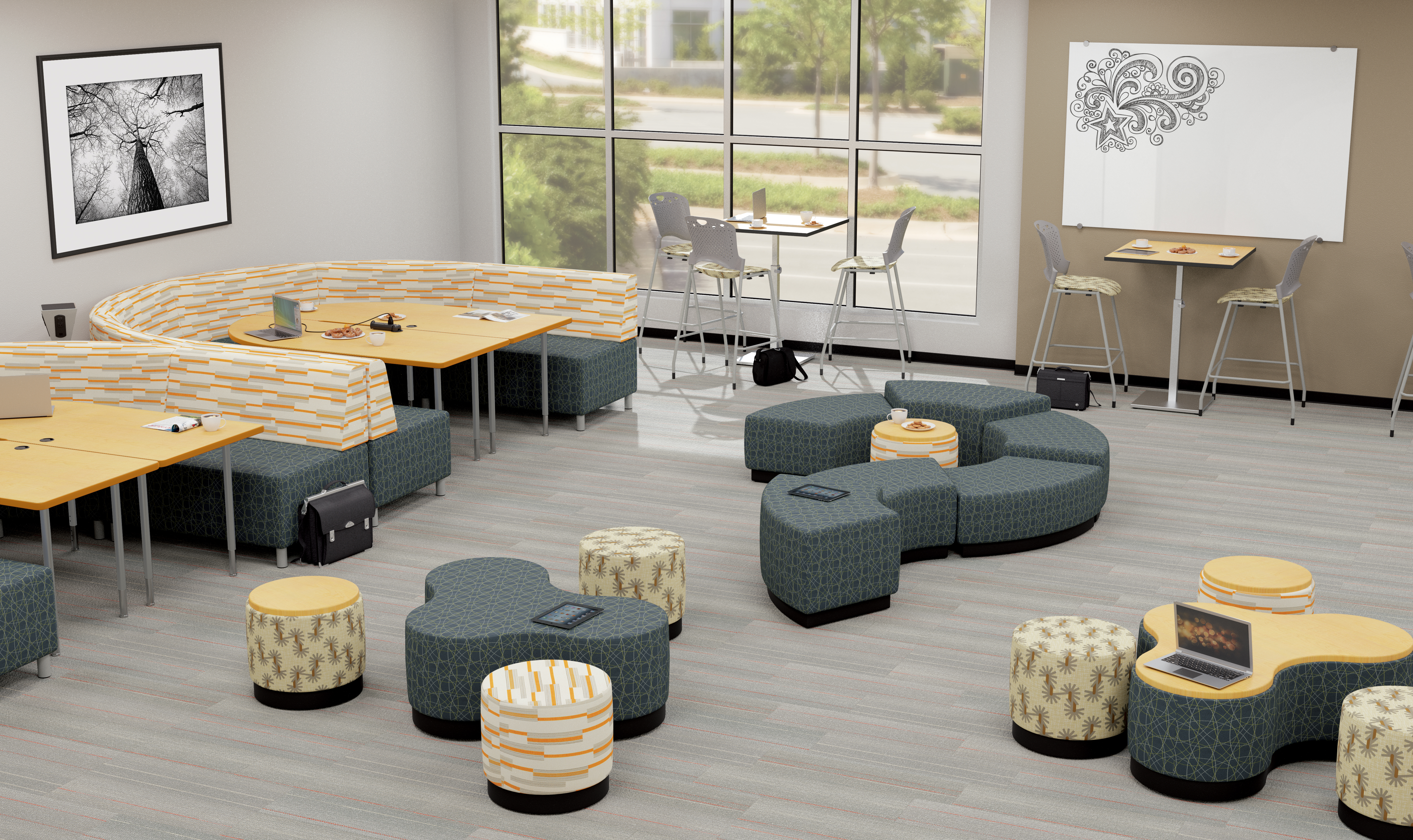 Teachers' lounge painted in a calming blue-green palette with pops of warm accent color