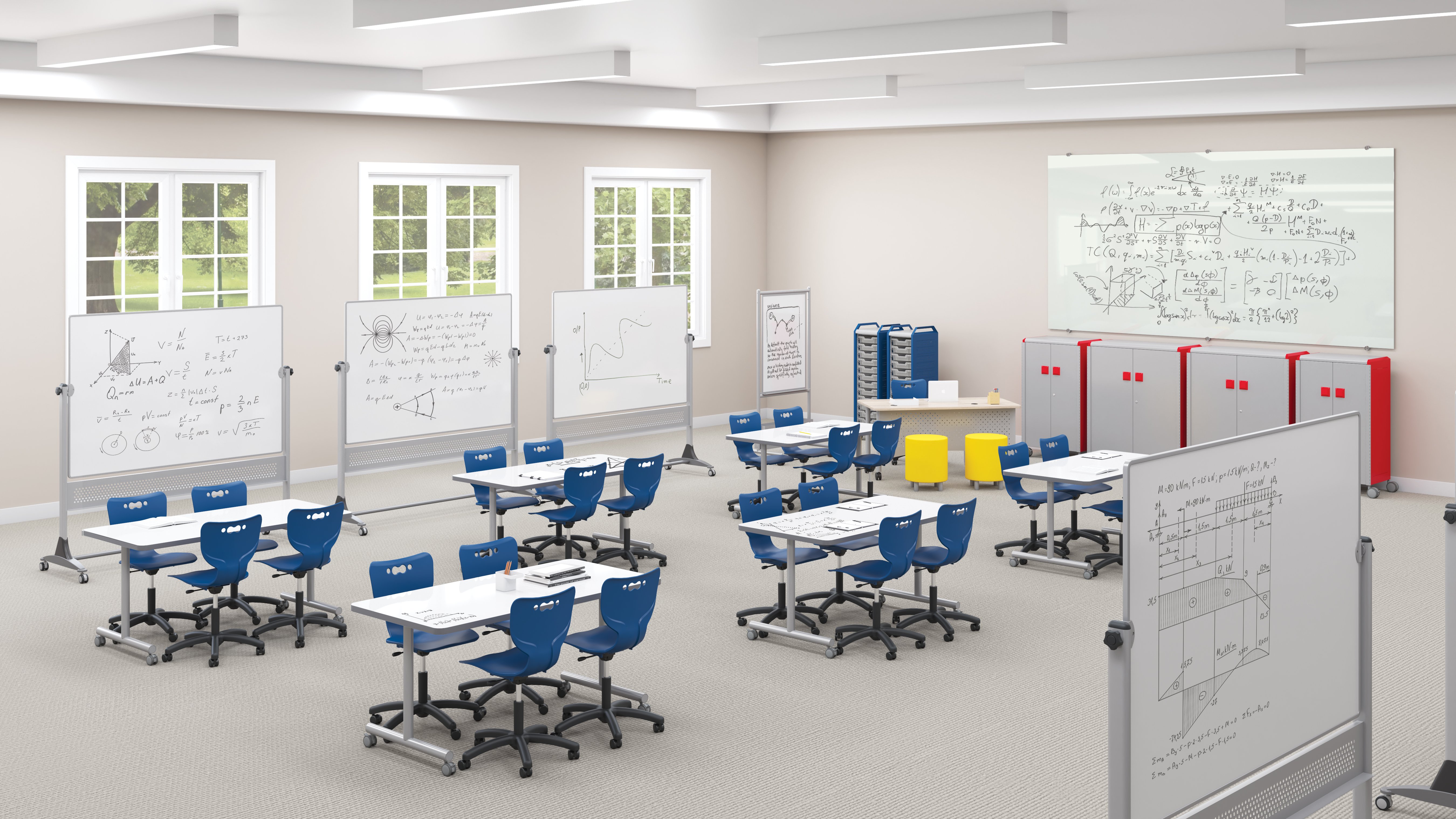 Pod-style tables each with personal and portable shared whiteboards — ready for student group work