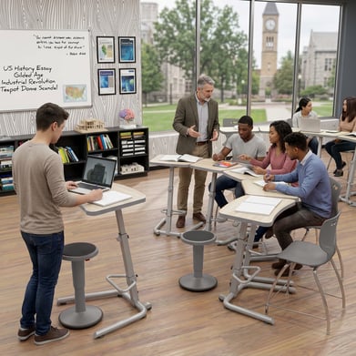 Students using height-adjustable Up-Rite Student Desks in a college active learning classroom, some seated and some standing