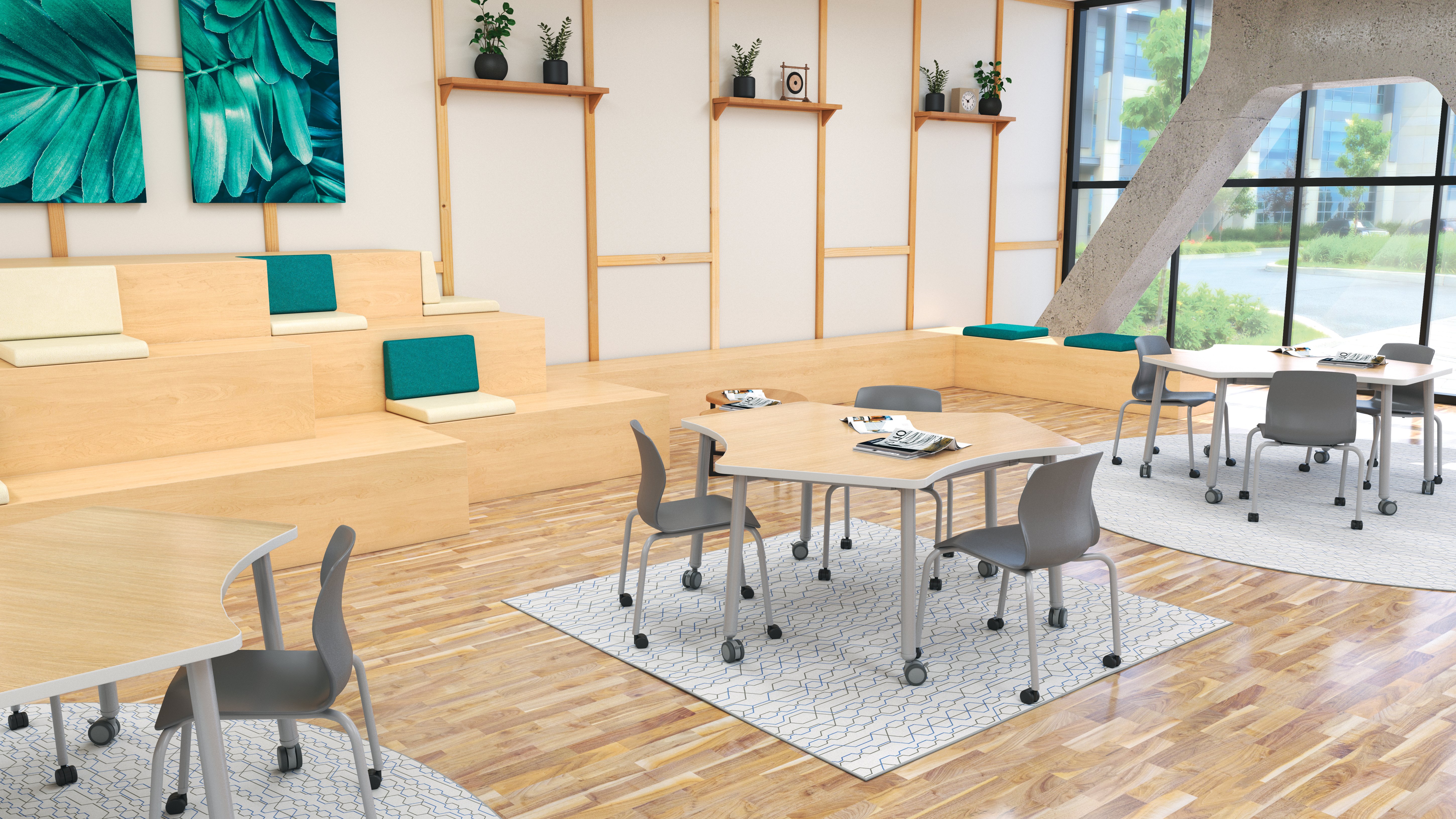 Workspace Turned Classroom Akt Cog Tables w-Seed Caster Chairs copy
