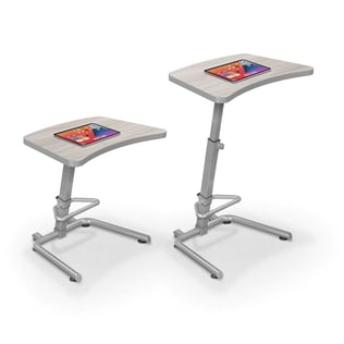Heights adjustable Up-Rite Student Desk at different with footrest bar and height adjustment lever detail